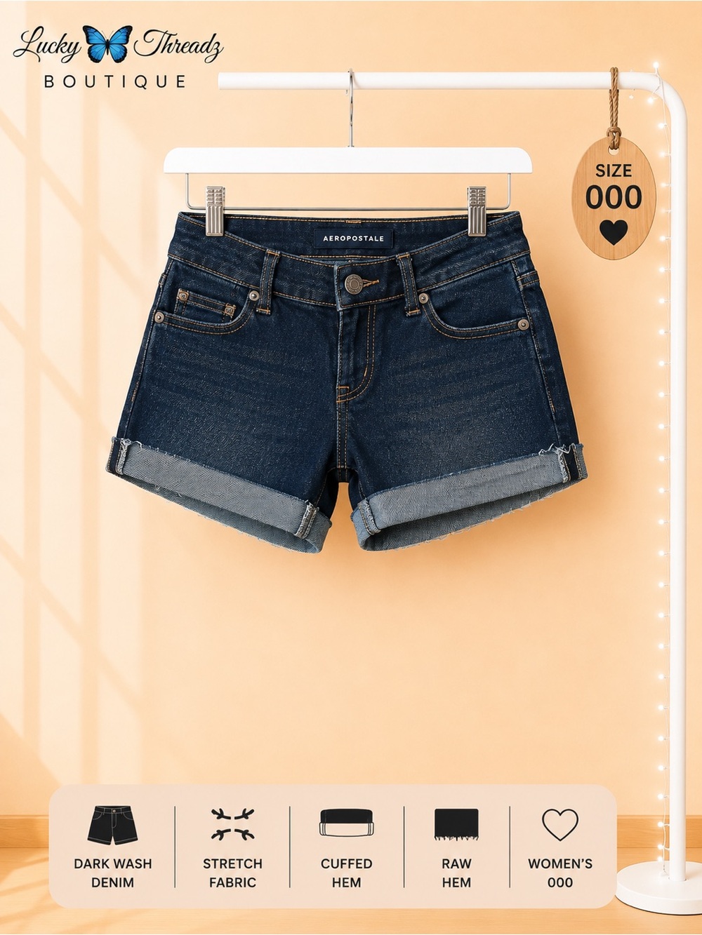 Aeropostale Dark Wash Denim Cuffed Shorts Women’s 000 Stretch Raw Hem
